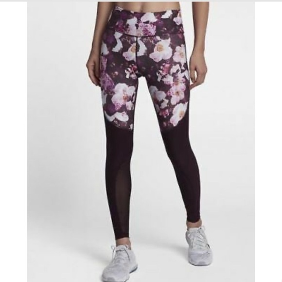 Nike Power Legend Floral Port Wine Mesh Run Training Leggings - Picture 1 of 16